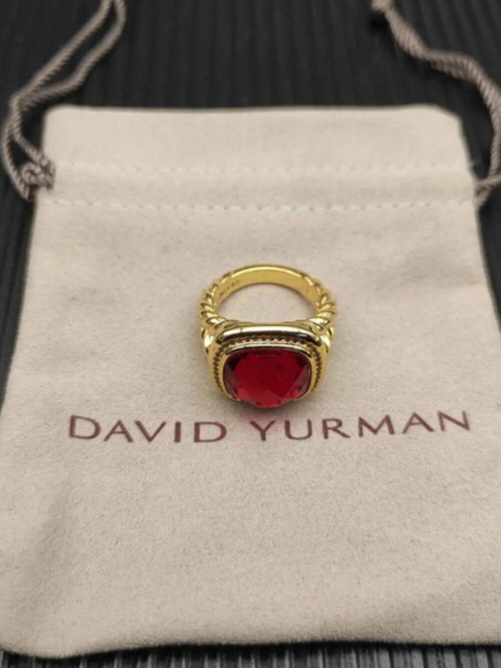David Yurman Gold Square Diamond and Red Diamond Ring